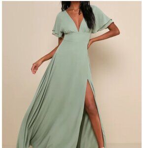 Lulus Promise Of Love Sage Brush Flutter Sleeve Maxi Dress Green XL